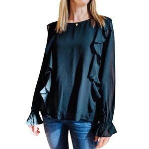 ANTHROPOLOGIE Sanctuary Exaggerated Ruffle Forest Green Swiss Dot Top